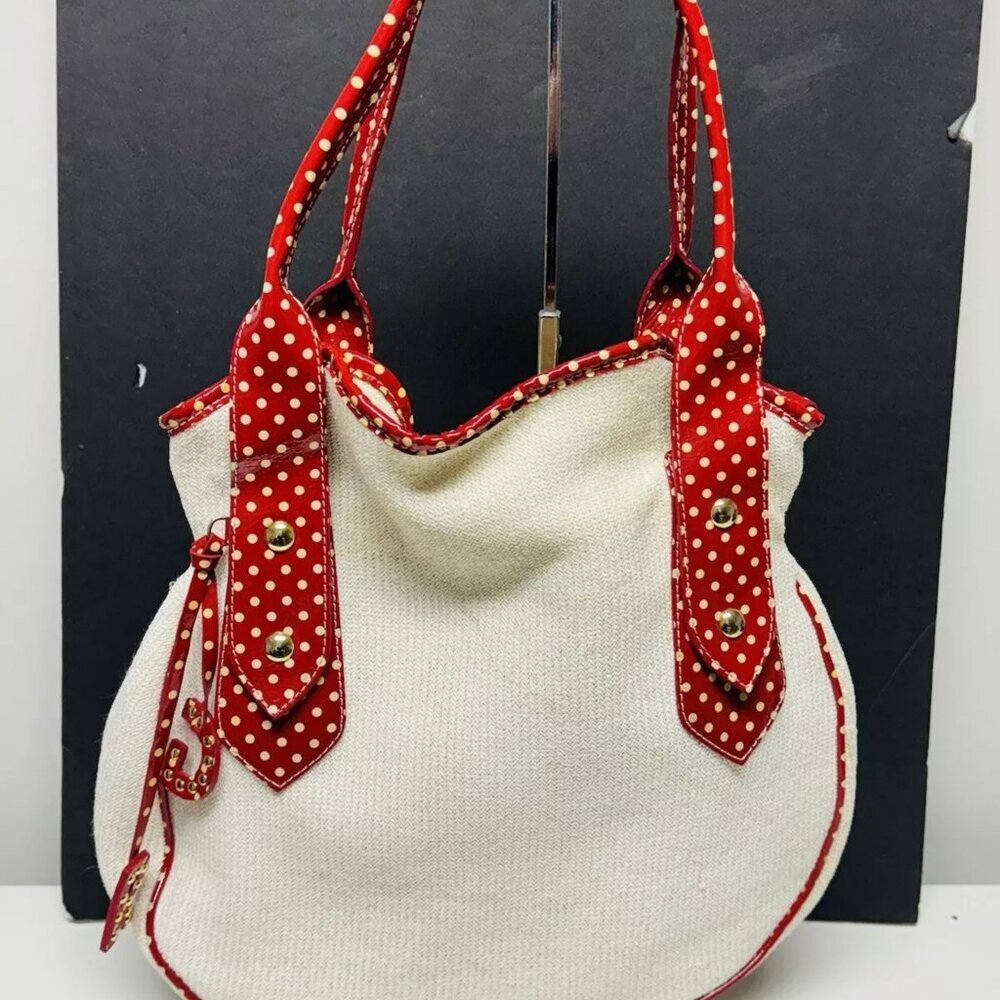 Roberta Gandolfi Women Cotton Bag With Leather Trim Ivory And Red Leather